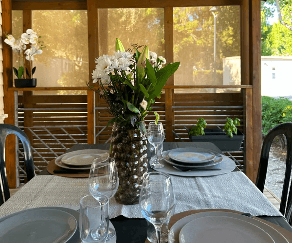 Mobil-home Levant en location au camping Rives des Corbières dans l’Aude : terrasse couverte